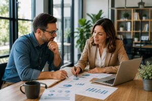 Small business owner consulting with a professional advisor while reviewing business charts and documents in a modern office.