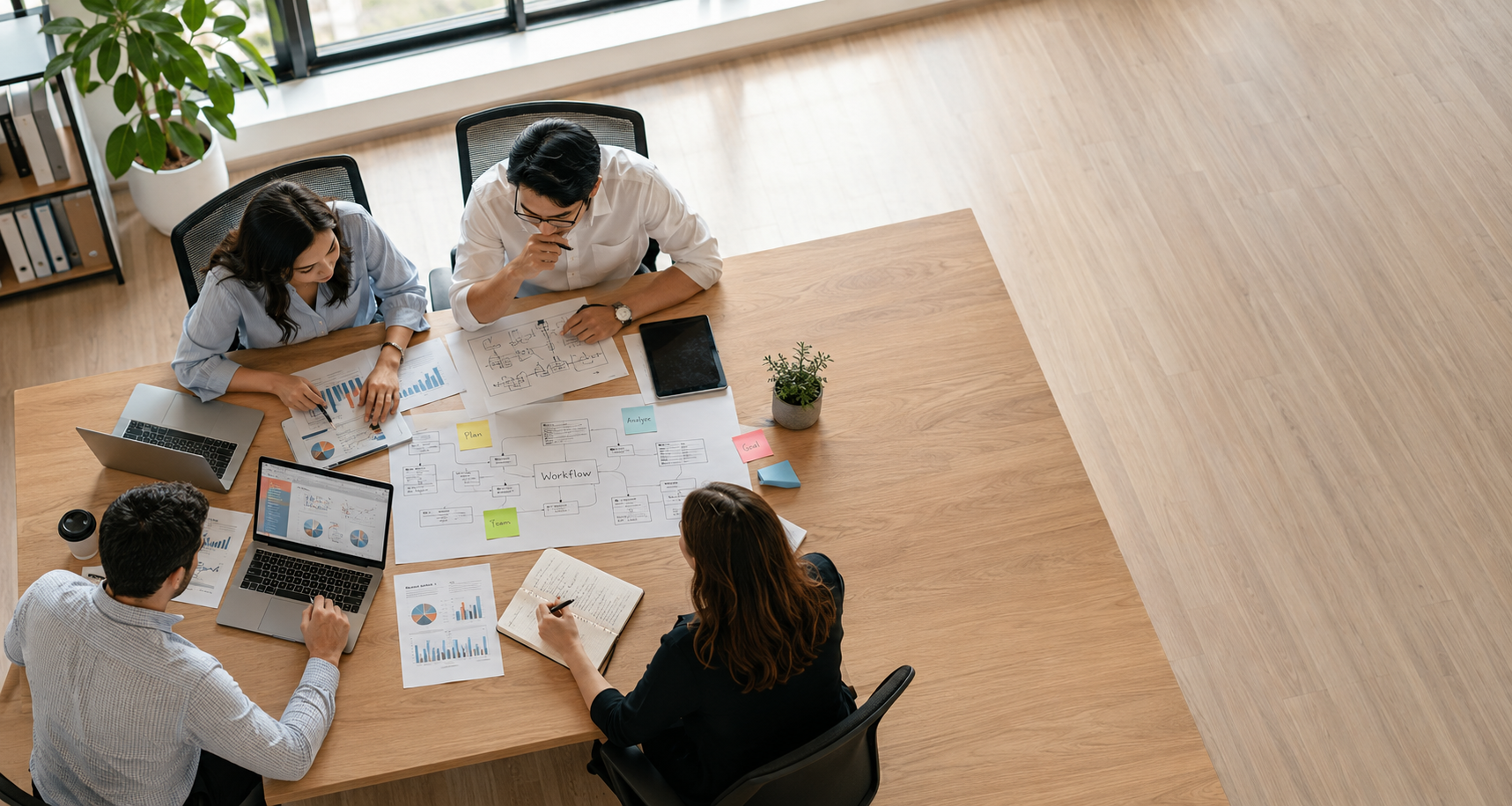 Overhead view of a small business team collaborating around a large table with laptops, printed reports, and workflow diagrams in a bright modern office with ample copy space.