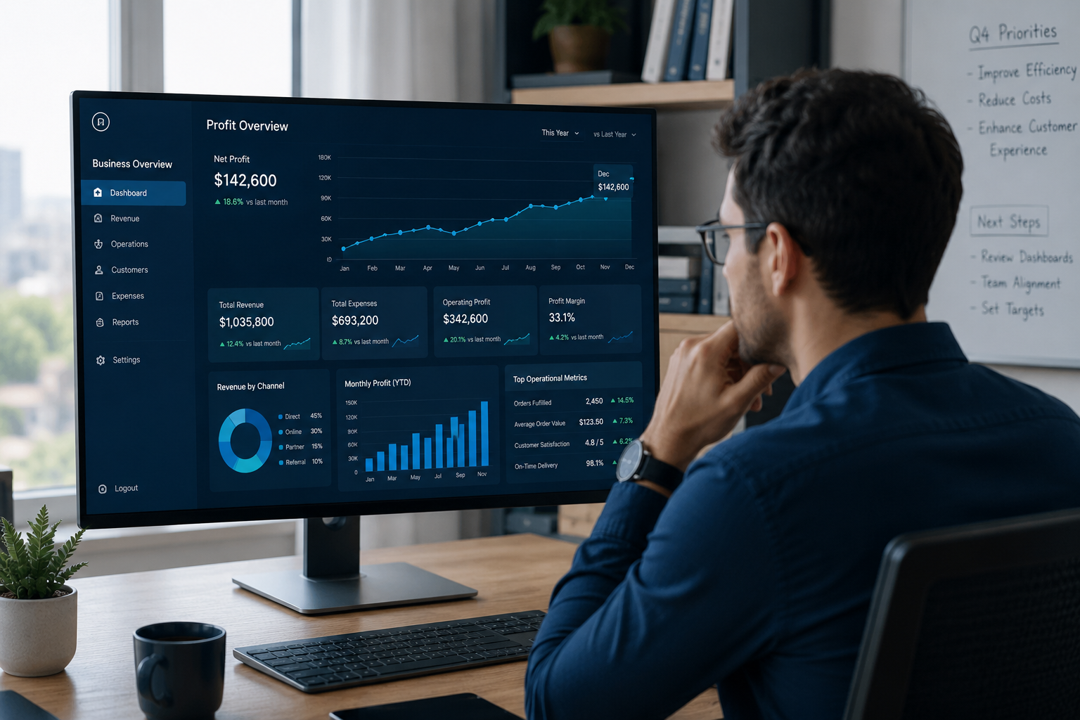 Over-the-shoulder view of a business owner reviewing a computer dashboard with line charts, bar graphs, and operational metrics in a modern office.