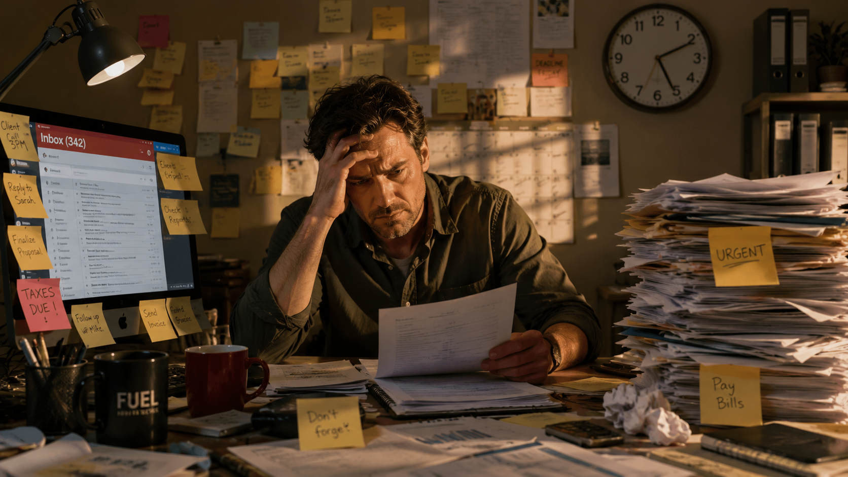 Small business owner sitting at a cluttered desk with sticky notes, stacks of paperwork, and an overflowing email inbox displayed on a computer screen in a warmly lit office.