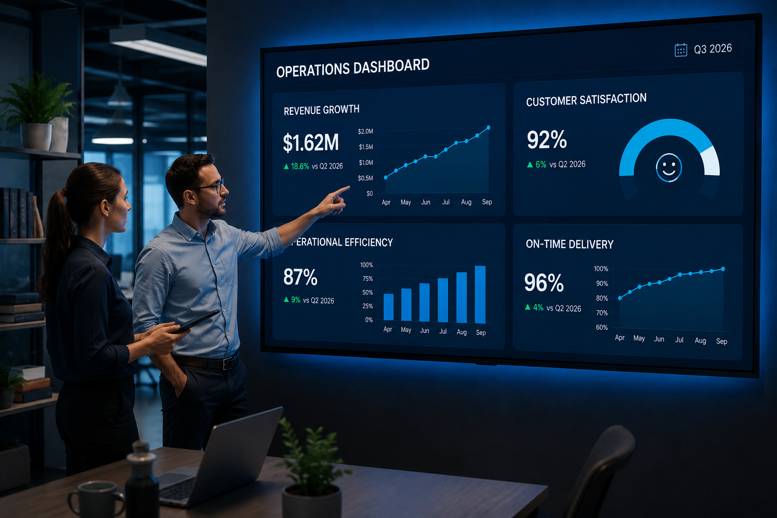 Two business professionals reviewing a large wall-mounted operations dashboard displaying KPI tiles, line charts, and bar graphs in a modern office.