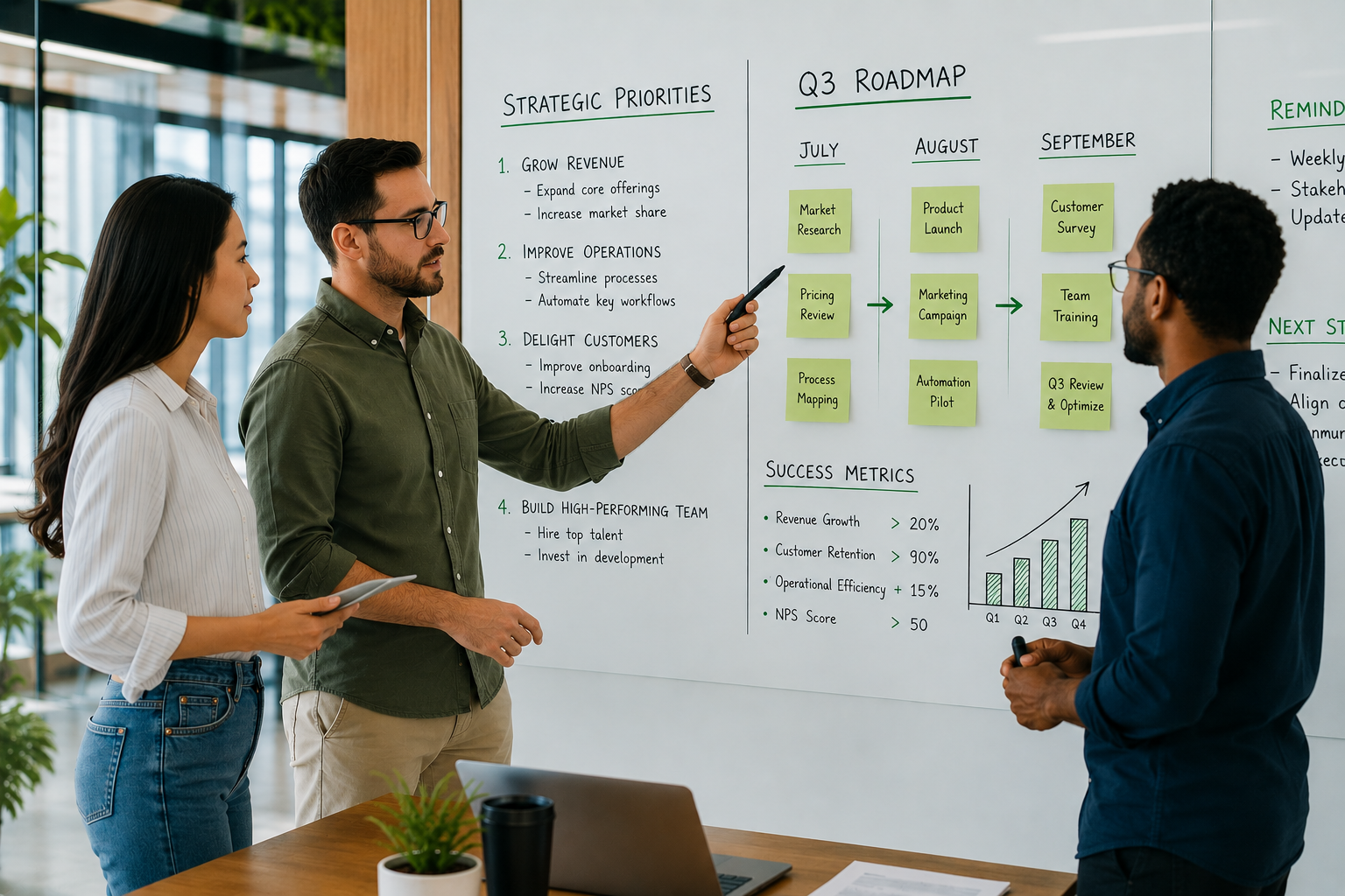 Three business leaders standing at a glass wall reviewing strategic priorities and a quarterly roadmap in a bright modern office.