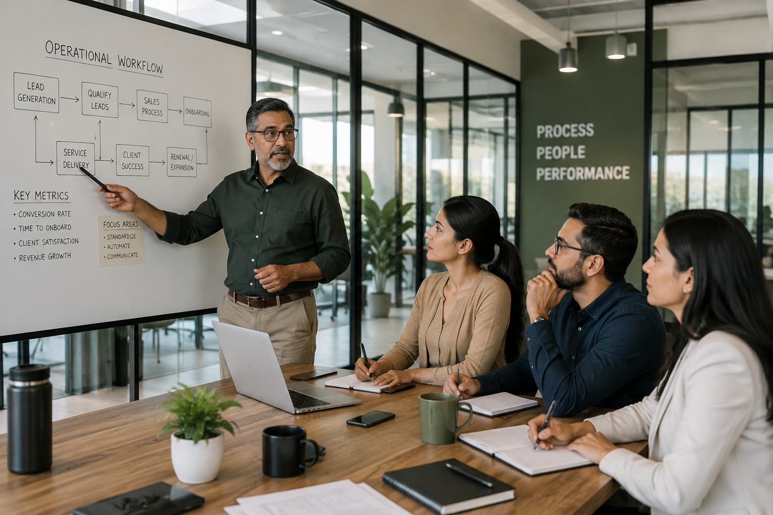 Fractional COO explaining an operational workflow on a whiteboard while three leadership team members take notes in a modern office.