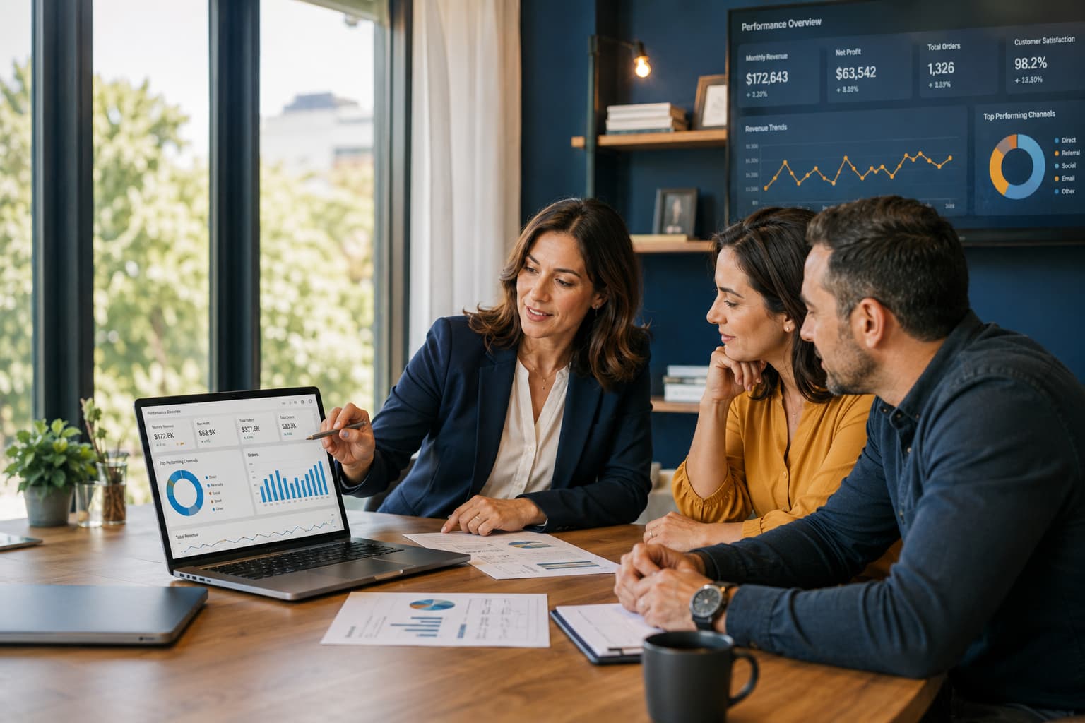 Female operations consultant reviewing performance dashboards and KPI charts with two small business owners in a modern office.