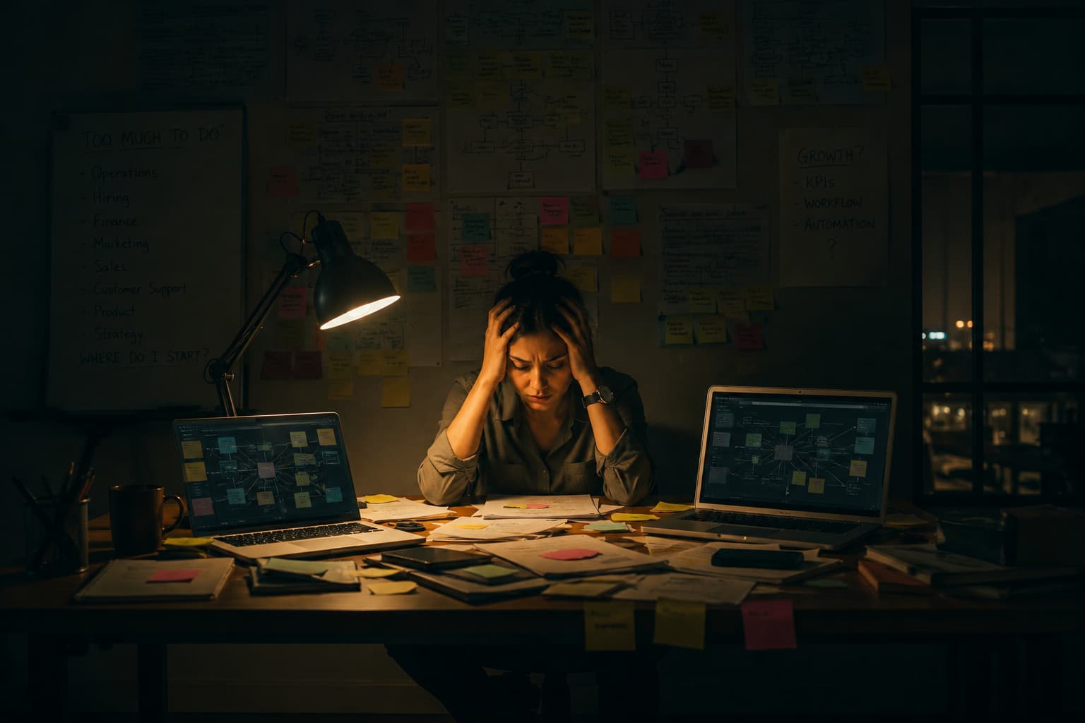 Exhausted small business founder sitting at a cluttered desk at night, surrounded by sticky notes, paperwork, and laptops showing complex workflow diagrams.