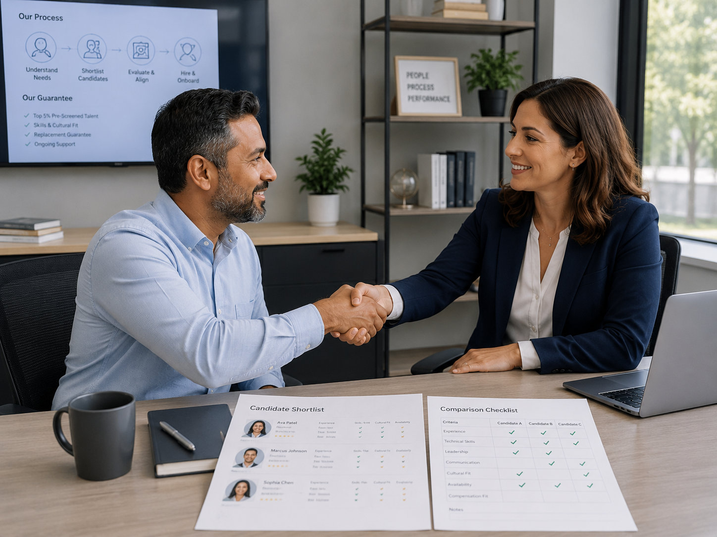 Small business owner shaking hands with a professional consultant during a discovery meeting with candidate profiles and a comparison checklist on the desk.