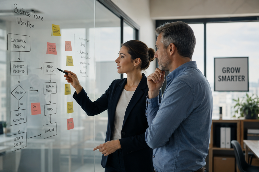 Business consultant and small business owner standing beside a glass wall covered with workflow diagrams and sticky notes, reviewing process maps in a bright modern office.