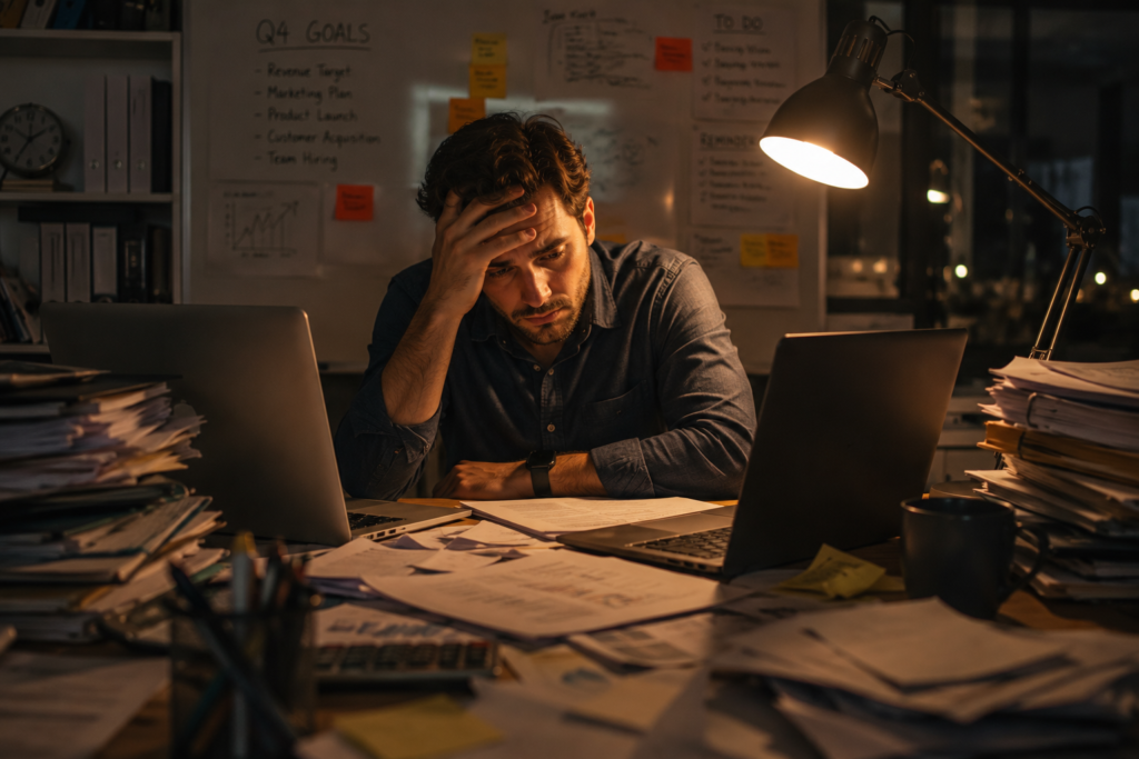 Stressed small business founder sitting at a cluttered desk with stacks of papers and multiple open laptops, illuminated by a warm desk lamp in a late-evening office.