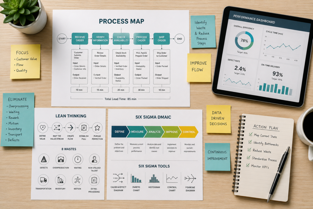 Overhead view of a workflow optimization workspace with a printed process map, Lean and Six Sigma diagrams, a tablet displaying performance dashboards, and color-coded sticky notes on a light wooden table.