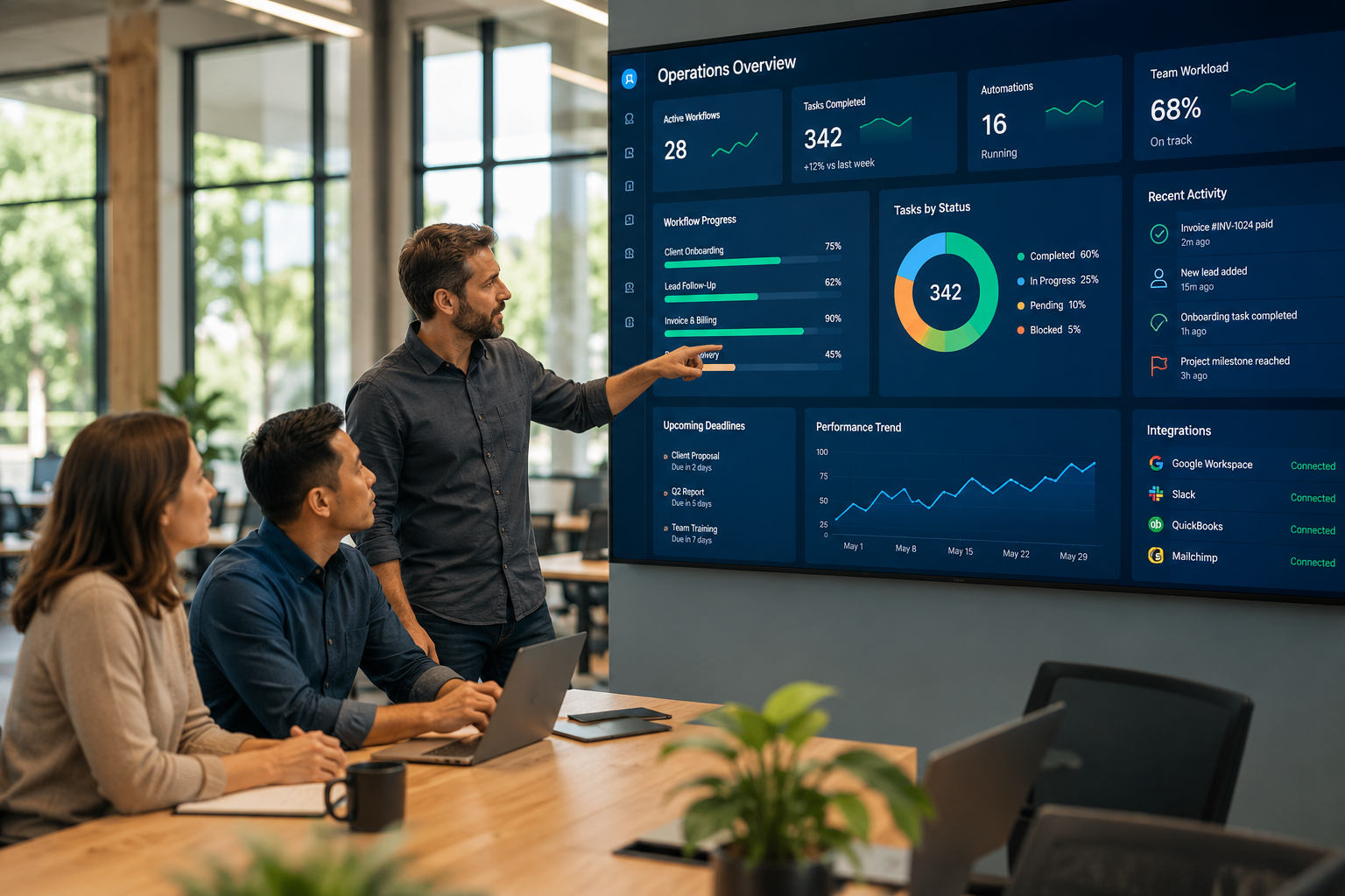 Founder and two team members reviewing workflow dashboards on a large wall display in a bright modern office with natural daylight, illustrating streamlined small-business operations and team collaboration.
