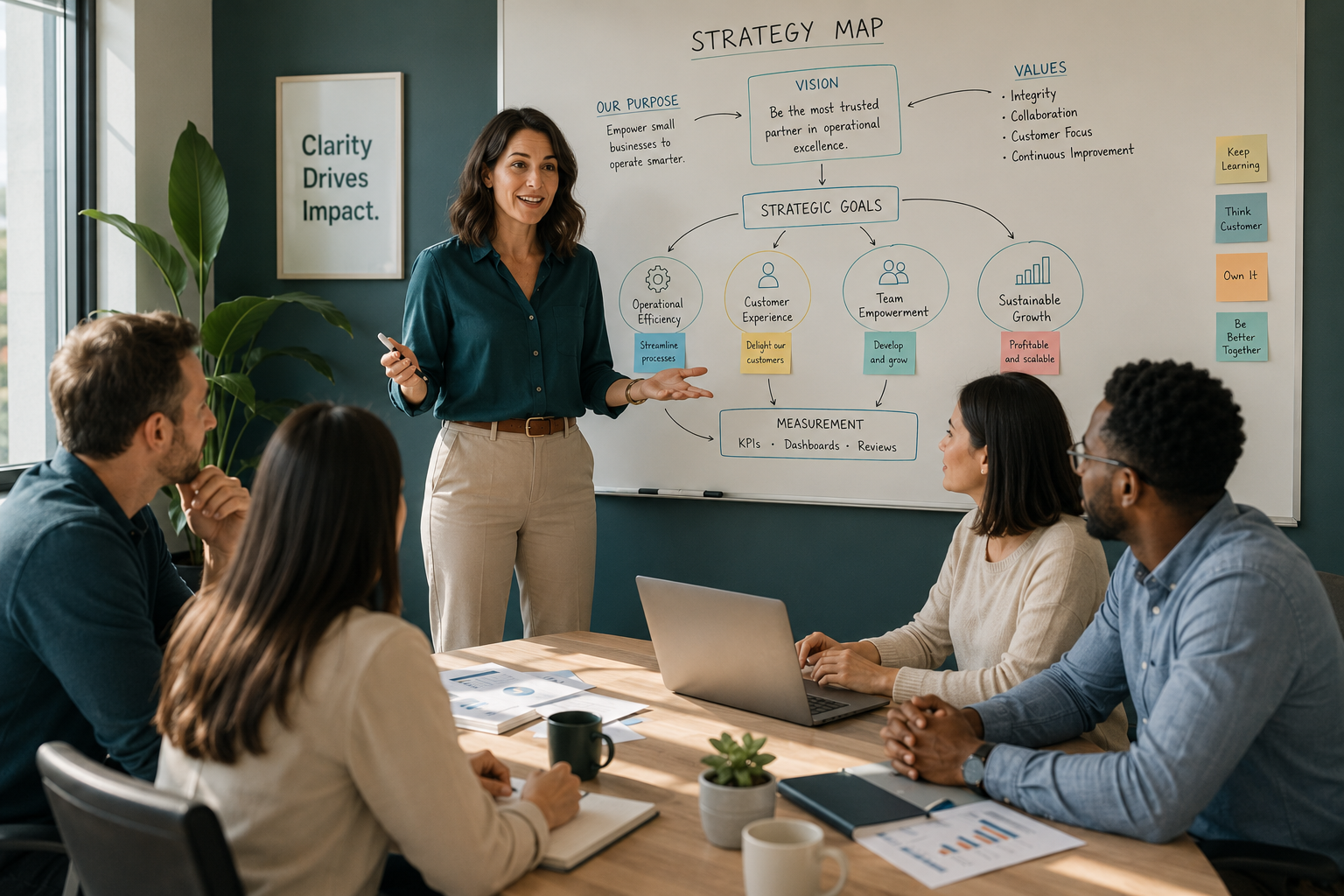 Female founder presenting a strategy map on a whiteboard to four leadership team members in a bright meeting room, illustrating collaborative business planning and strategic leadership.