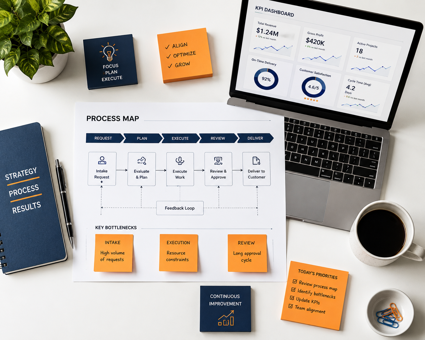 Top-down view of a clean workspace with a printed process map, laptop showing a KPI dashboard, sticky notes marking bottlenecks, and a coffee cup, representing business process optimization and operational planning.