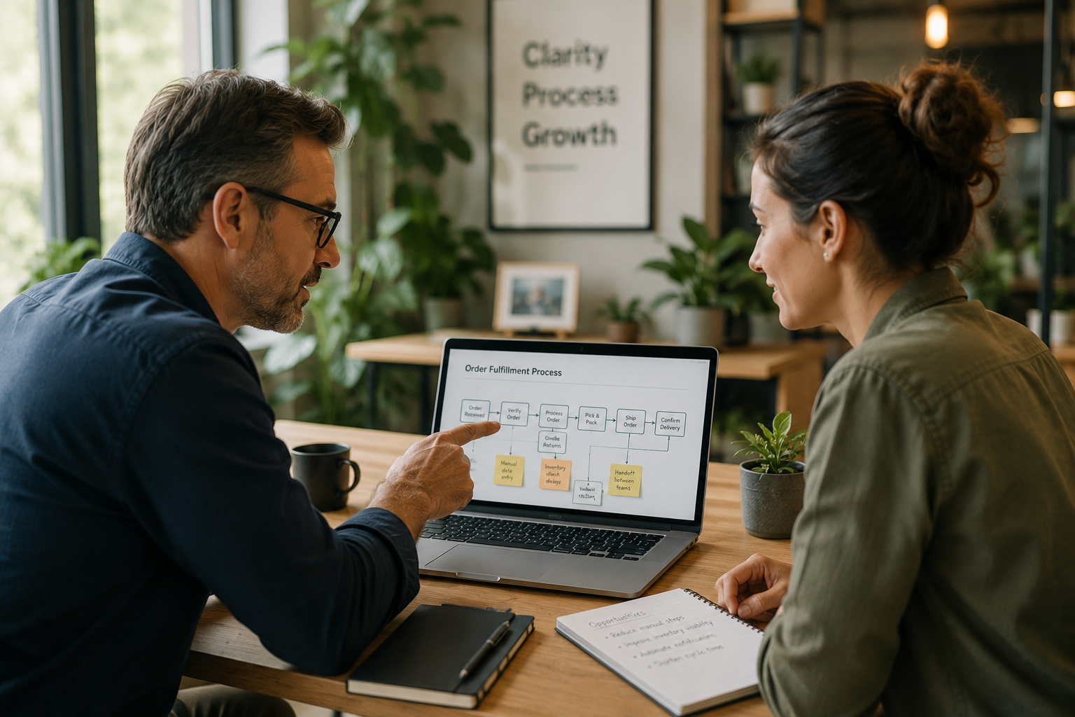 Operations consultant and small-business founder reviewing a workflow diagram on a laptop in a bright modern office with plants and natural light, illustrating collaborative business process improvement.