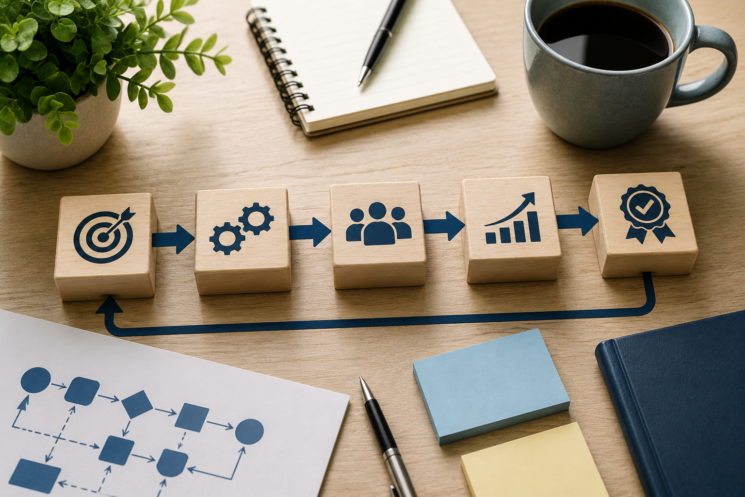 Flat-lay business workspace with teal and blue interconnected gears, charts, notebook, coffee cup, and office supplies representing operational excellence, process improvement, strategic planning, and business growth.