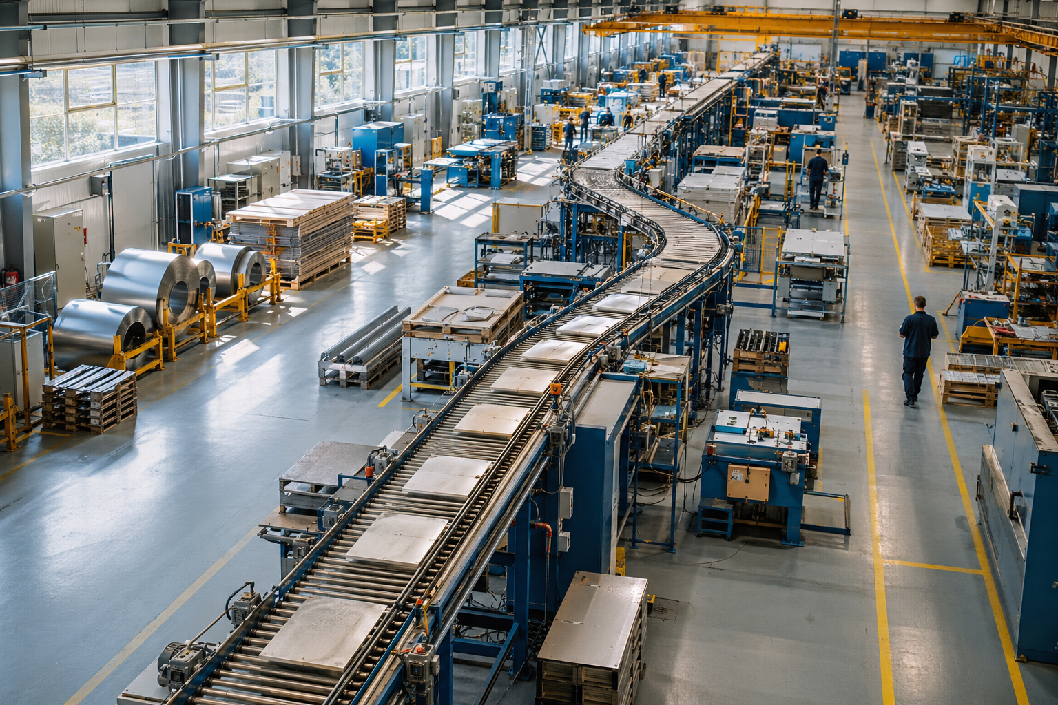 Wide overhead view of a modern manufacturing floor with connected production stations, conveyor systems, organized work areas, and natural light illuminating an efficient industrial workflow.