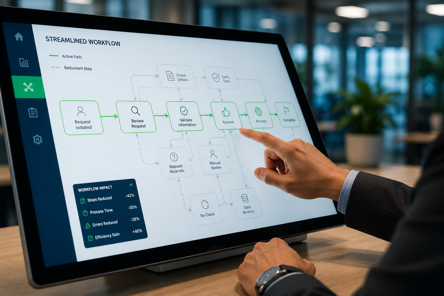 Close-up of a business analyst using a touchscreen to review a workflow diagram with redundant steps greyed out and an optimized process highlighted in green.