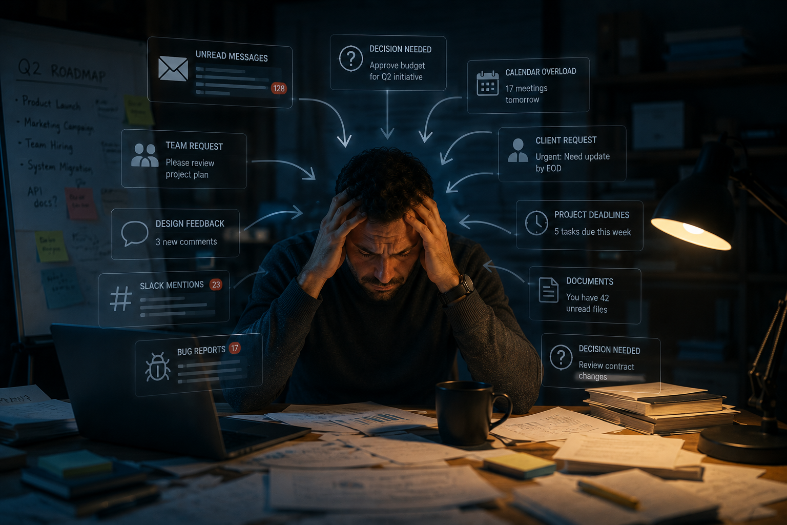 Founder sitting at a cluttered desk surrounded by translucent workflow, message, and decision icons in a dimly lit office, symbolizing operational overload and business complexity.