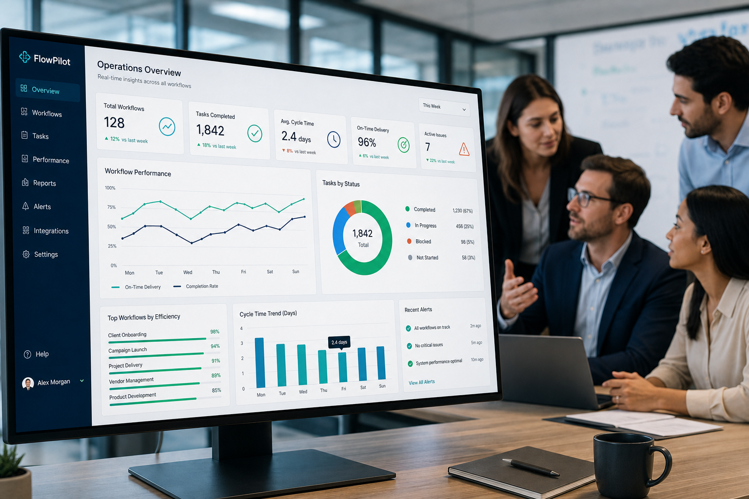 Large monitor displaying an operations dashboard with KPI cards, charts, and green status indicators while a leadership team collaborates in a modern office.