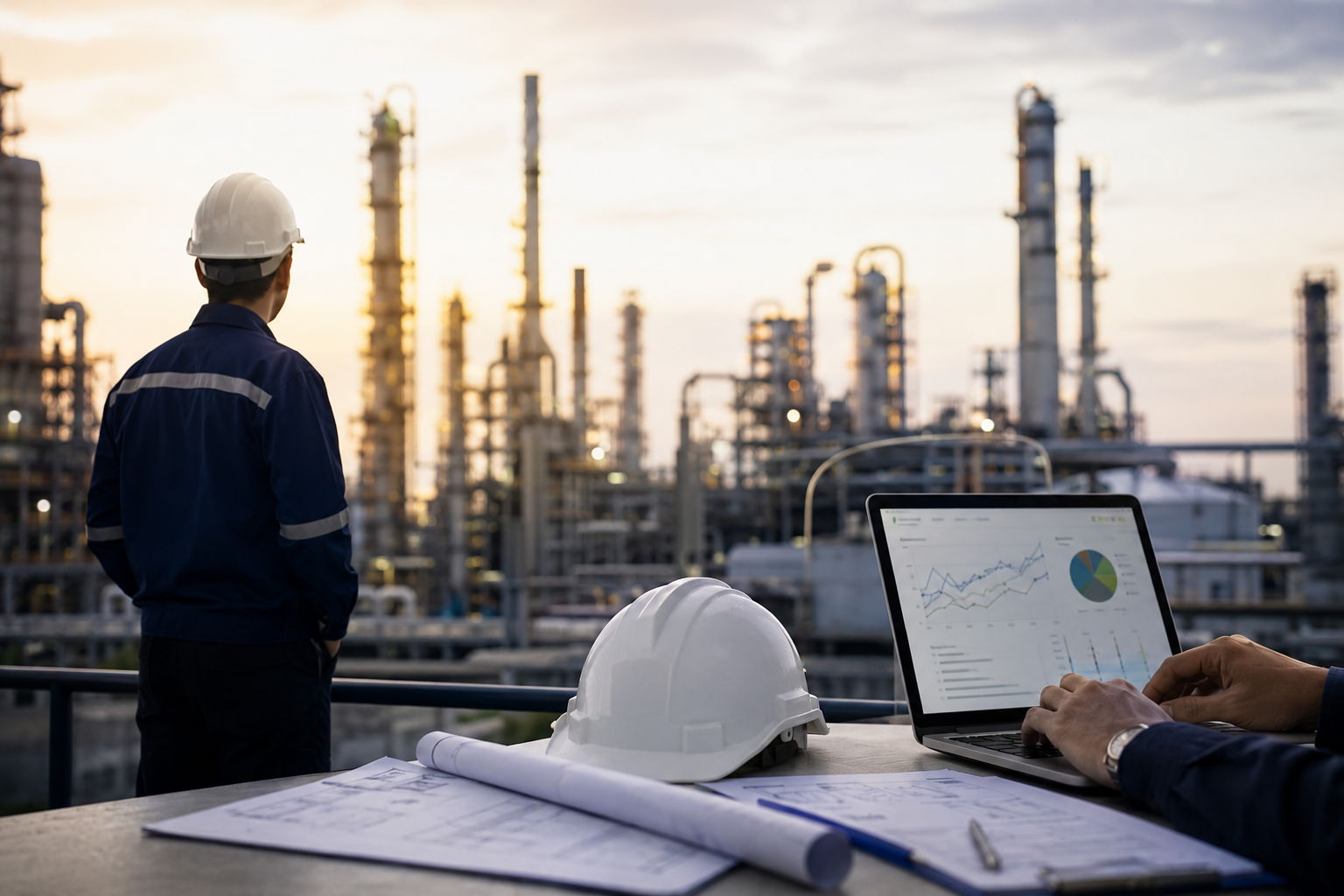 Engineer overlooking an industrial processing plant while another reviews operational data on a laptop beside engineering plans and safety equipment.
