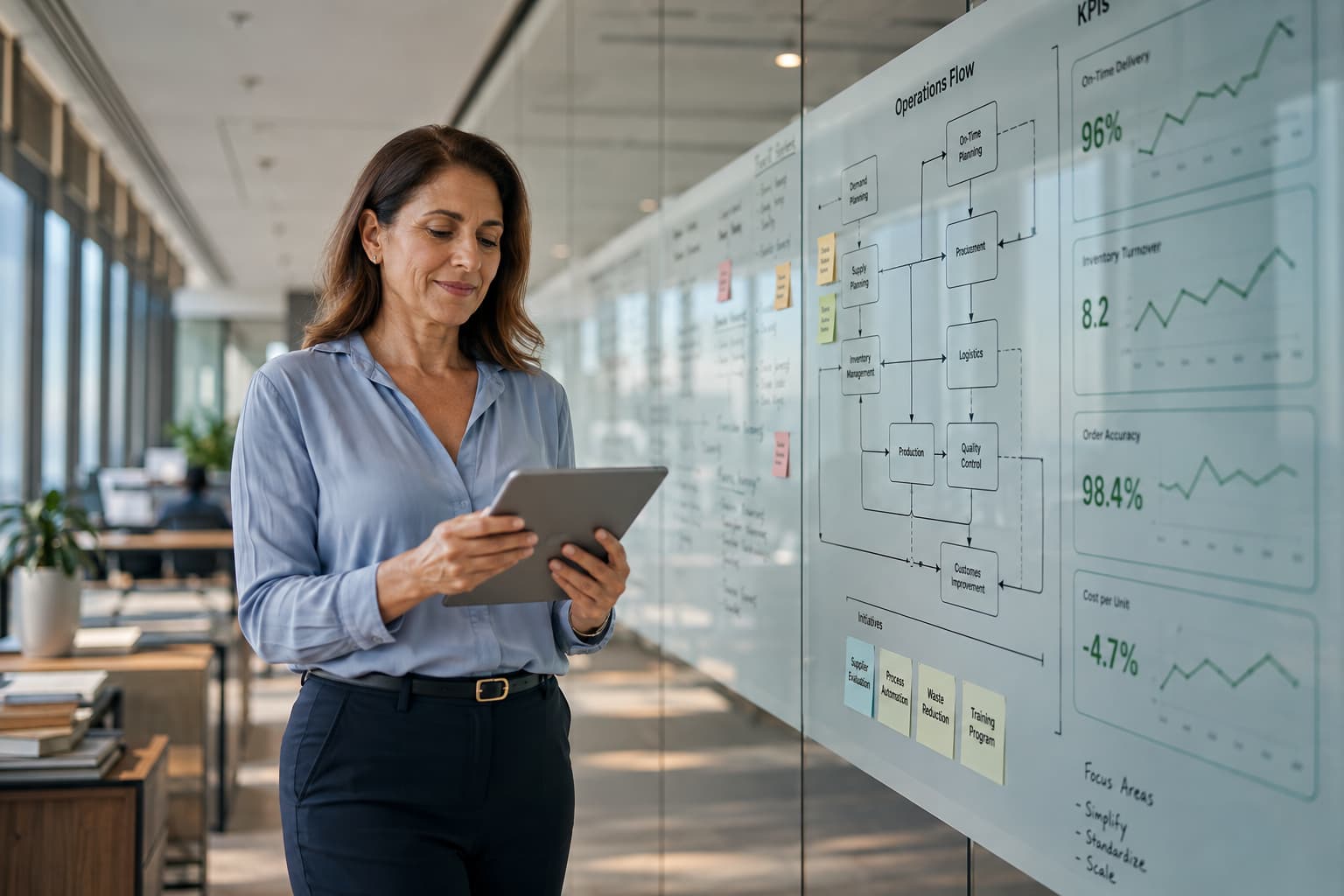 Female business operator reviewing a tablet beside a glass wall with operational flowcharts and KPI dashboards in a modern office.