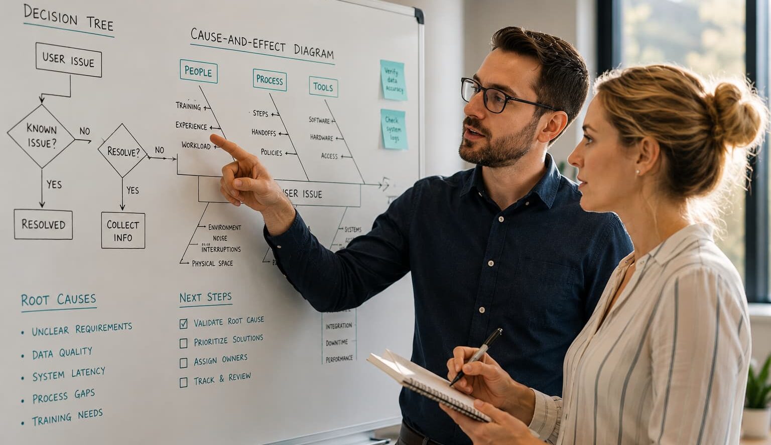 Two professionals collaborating beside a whiteboard filled with decision trees and cause-and-effect diagrams, with one pointing and the other taking notes.