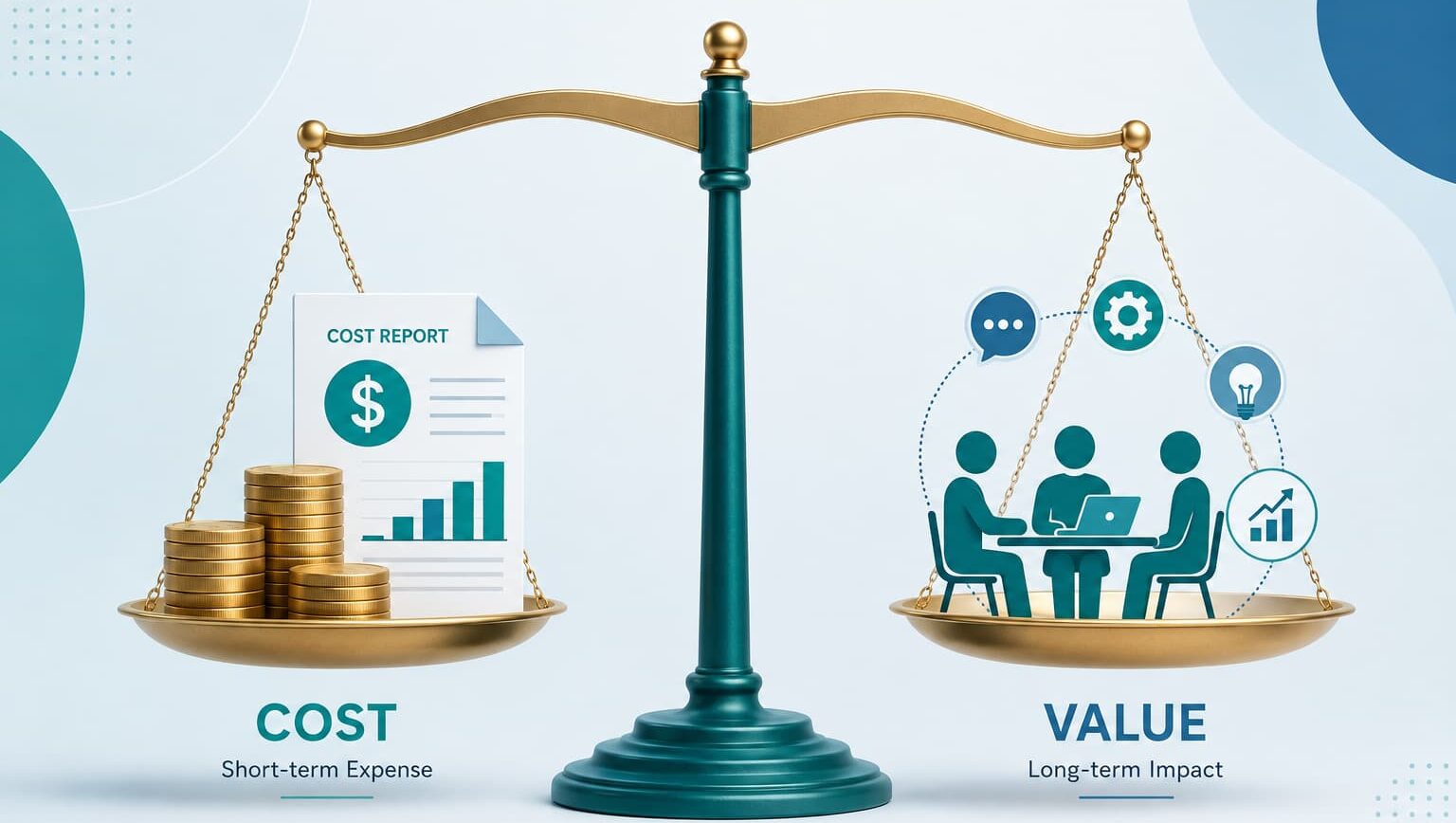 Balance scale comparing business costs with long-term value, represented by coins and a report on one side and team collaboration and growth icons on the other.