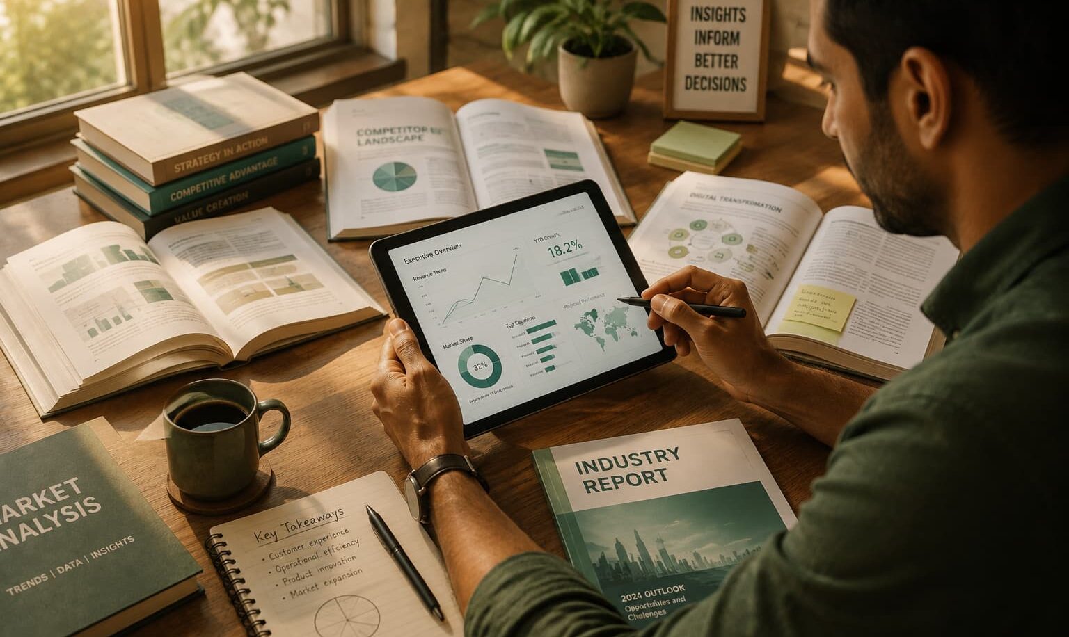 Consultant reviewing a digital business dashboard on a tablet surrounded by industry reports, strategy books, and notes on a wooden desk.