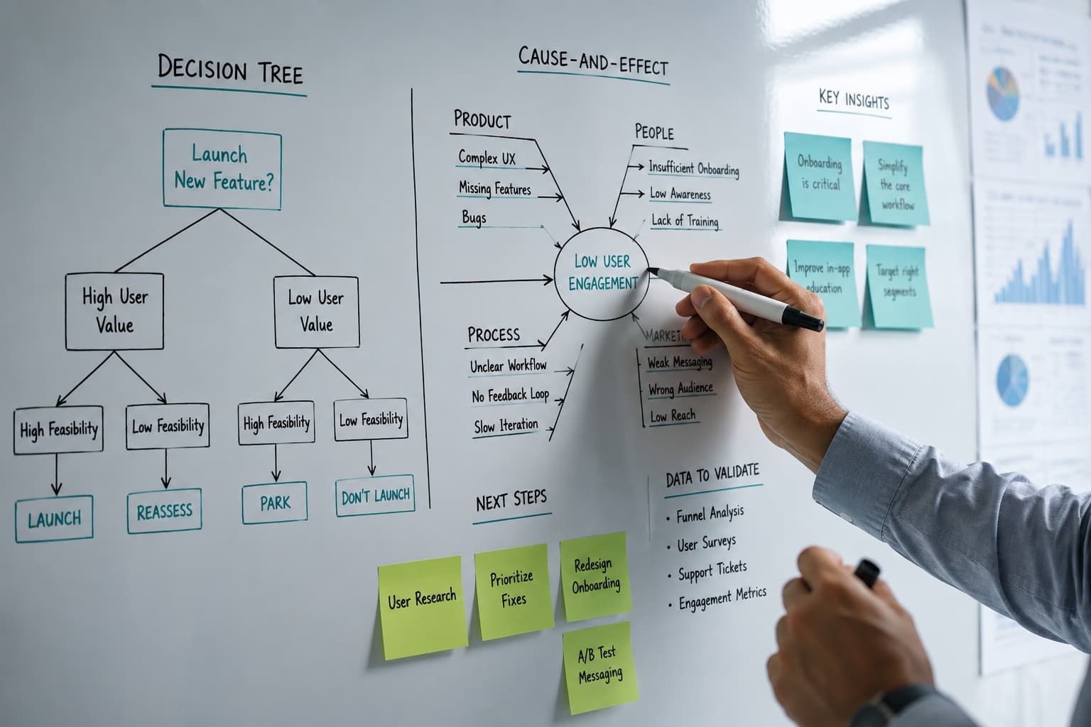 Consultant sketching a decision tree and cause-and-effect diagram on a whiteboard with teal sticky notes.