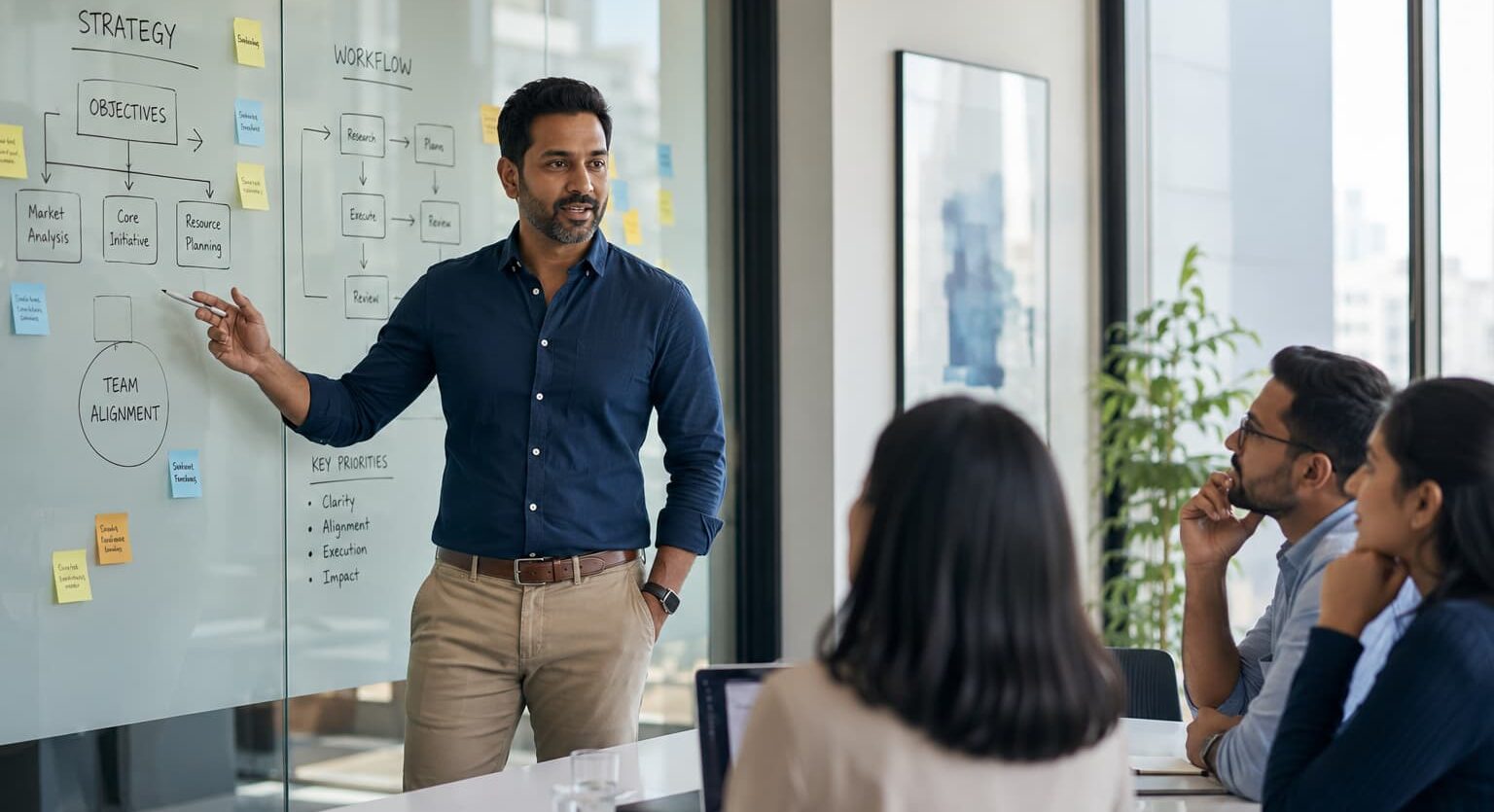 Management consultant presenting strategy and workflow diagrams to a leadership team in a modern glass-walled office.