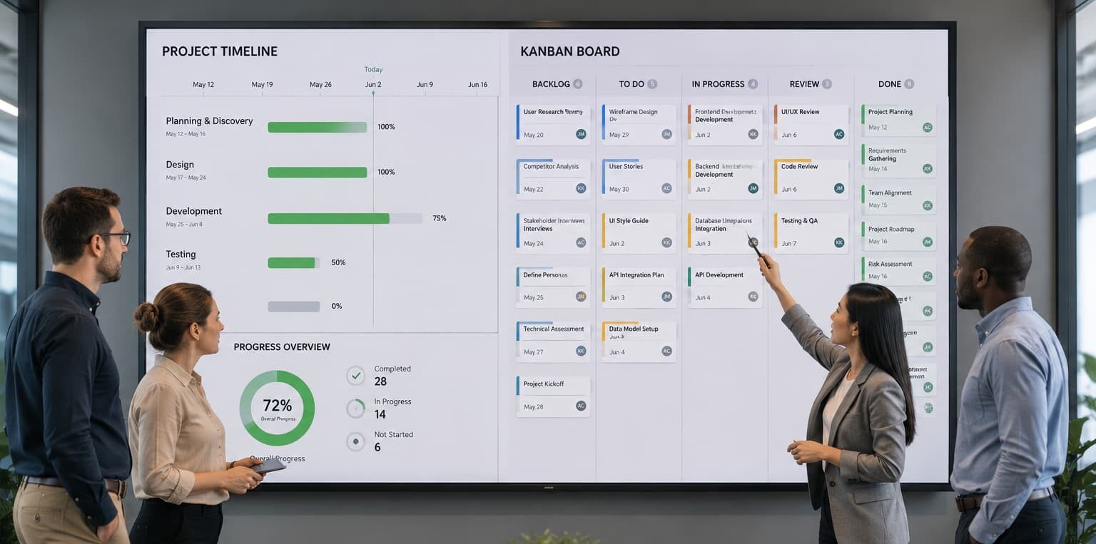 Project team reviewing a timeline and Kanban board on a large screen in a modern meeting room.