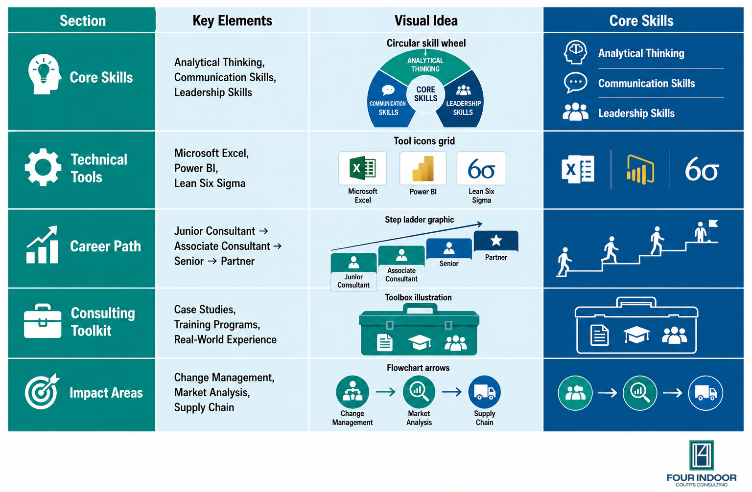 Consulting skills infographic with five sections.