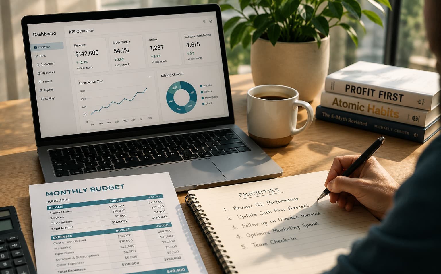Founder reviewing KPI dashboard, budget, and prioritized tasks at an organized business desk