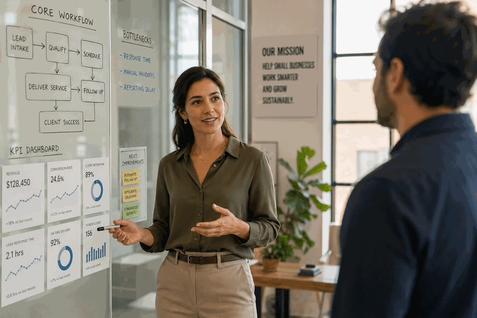 A confident business consultant stands beside a glass wall displaying workflow diagrams and KPI dashboards while speaking with an out-of-focus founder in a bright, modern office filled with natural light.