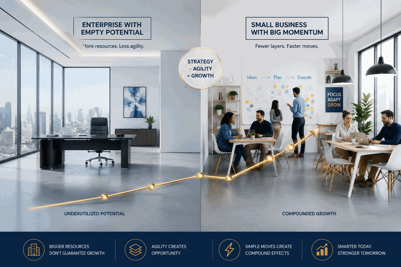 A side-by-side comparison of an empty premium corner office and a collaborative small-business workspace, connected by an upward-trending gold line graph across the floor, symbolizing business growth through agility and collaboration.