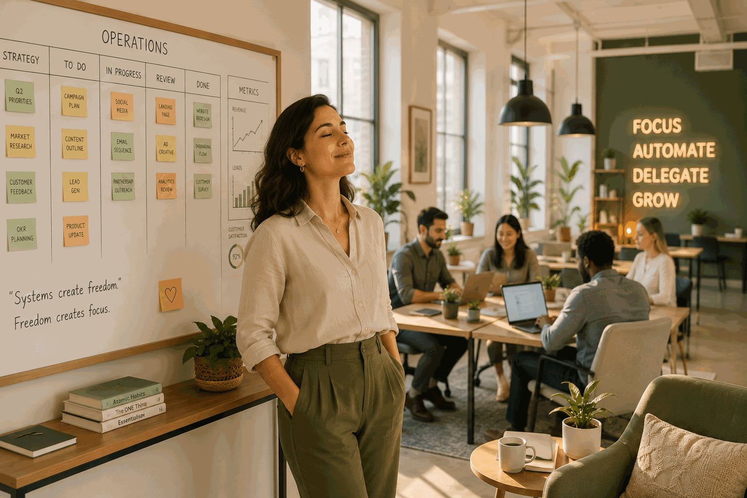 A relaxed founder stands beside an operations planning board in a modern open-plan office while a collaborative team works productively in the background under warm morning light.