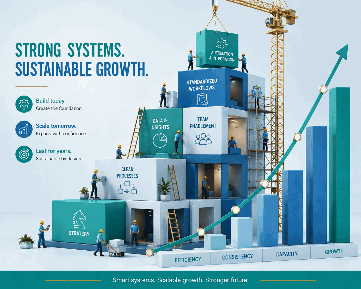 A modular architectural structure is being assembled by small construction figures as a rising growth chart stands beside it on a clean studio backdrop, symbolizing scalable business systems and sustainable growth.