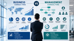 Professional corporate illustration comparing business consulting and management consulting, showing growth strategy, market expansion, process optimization, and organizational performance in a modern business environment.