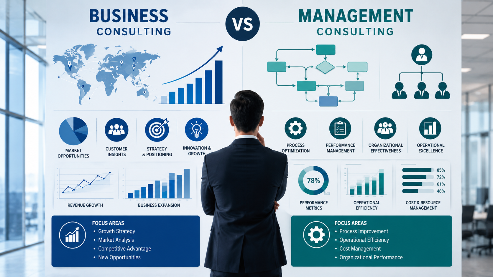 Professional corporate illustration comparing business consulting and management consulting, showing growth strategy, market expansion, process optimization, and organizational performance in a modern business environment.