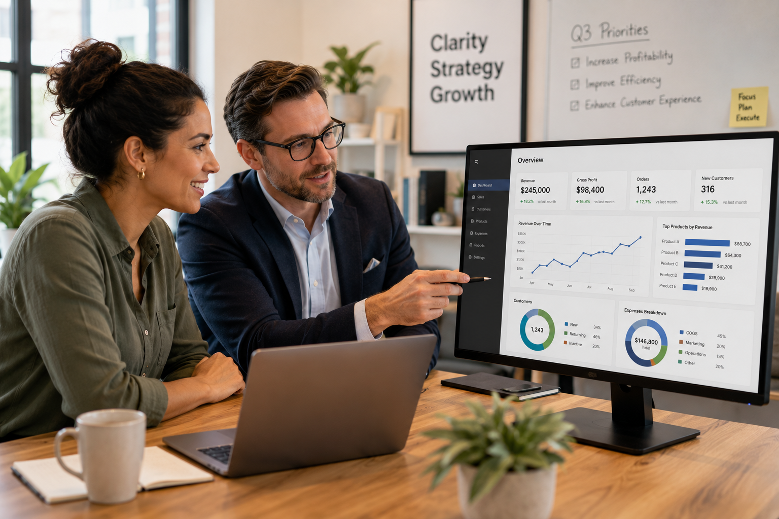 Confident small business owner and business consultant reviewing operational dashboards on a computer screen in a bright, modern office, discussing performance metrics and growth strategies.