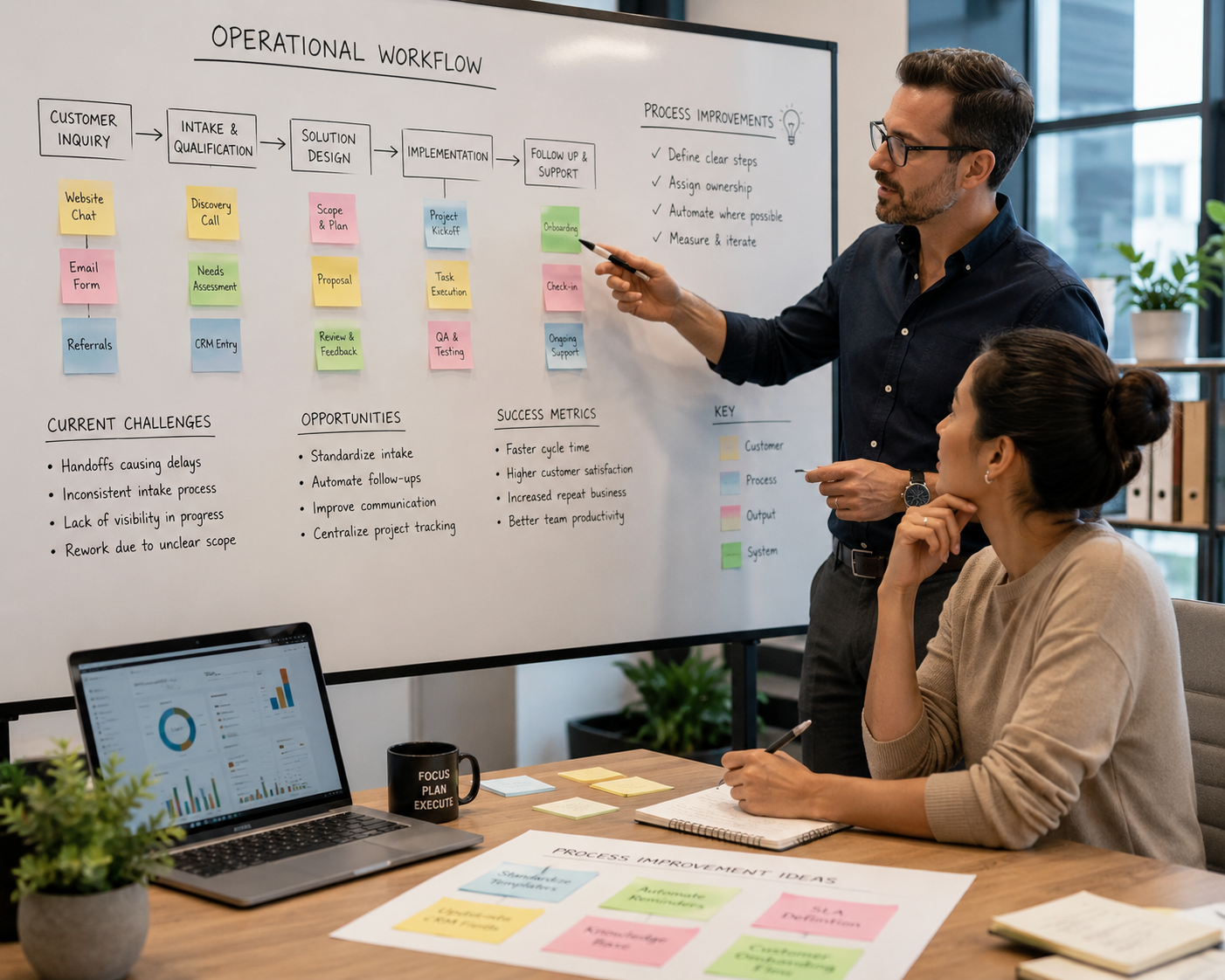 Business consultant and founder reviewing operational workflows on a whiteboard filled with process diagrams and sticky notes in a collaborative office workspace.