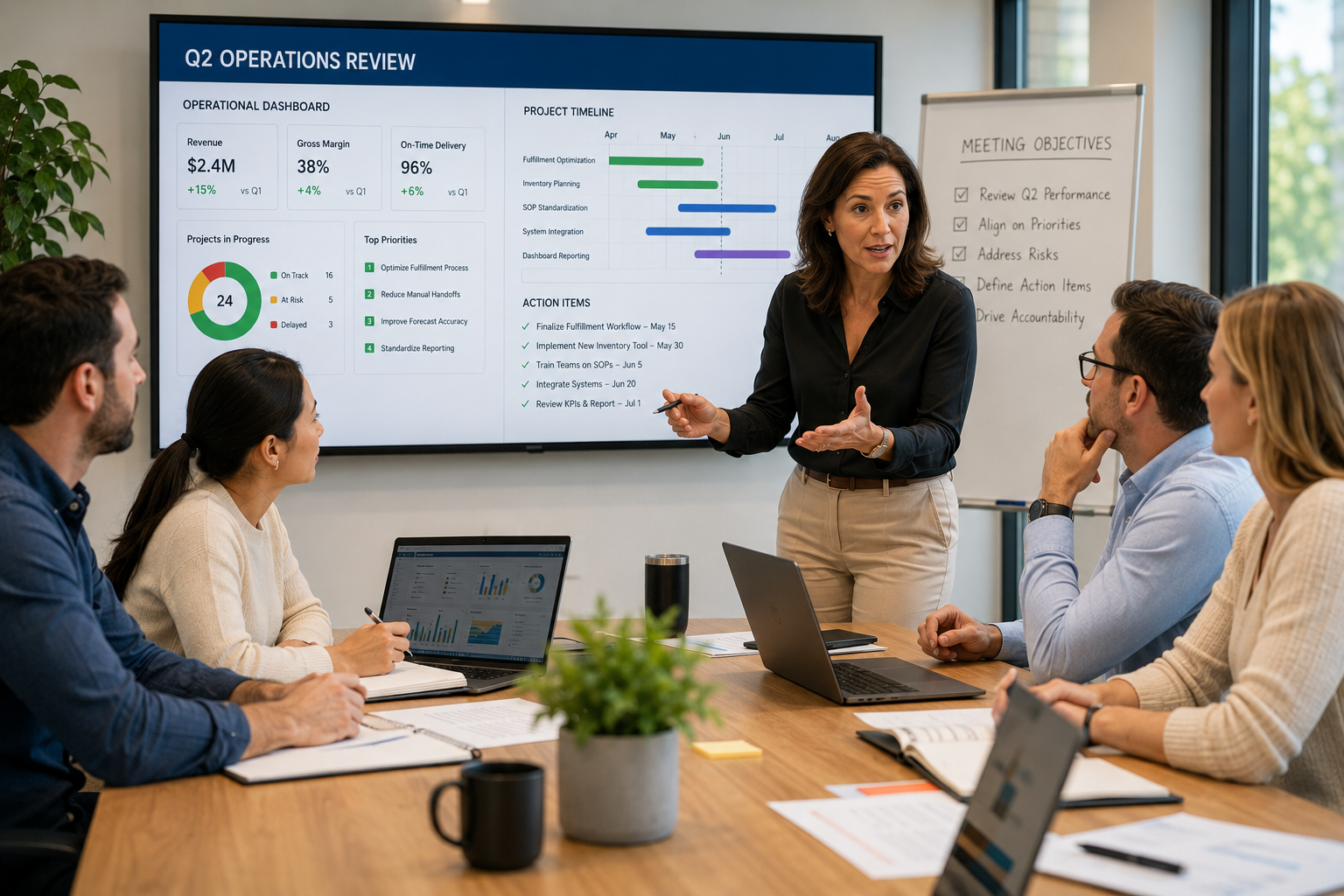 Fractional COO leading a team meeting in a modern conference room, presenting operational dashboards, project timelines, and action items on a large screen while engaging team members in discussion.