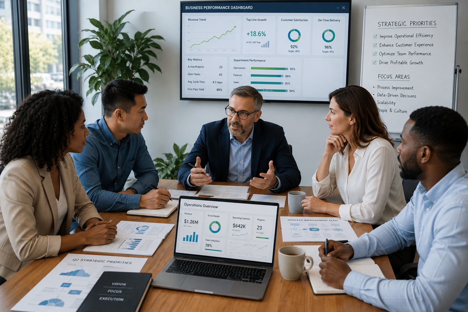A fractional COO collaborates with a small business leadership team around a conference table, reviewing operational dashboards on laptops and strategic planning documents in a bright modern office.