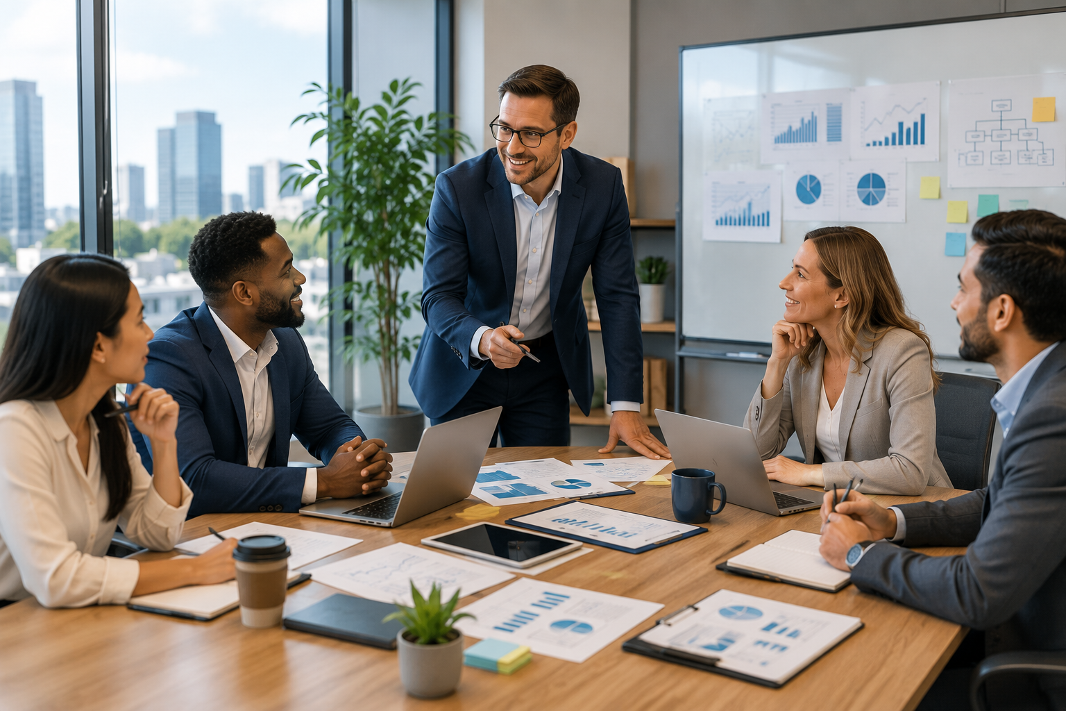 A business consultant leads a collaborative strategy meeting with a small leadership team in a modern office, reviewing business reports, laptops, and growth planning documents around a conference table.