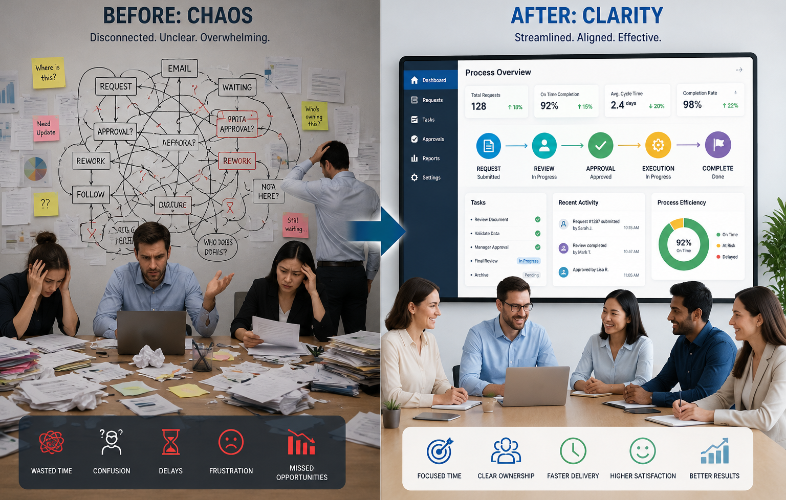 Split-screen illustration showing business process optimization, with a cluttered office, scattered paperwork, confused team members, and tangled workflow arrows on the left transitioning to an organized digital dashboard, aligned team, and streamlined workflow on the right.