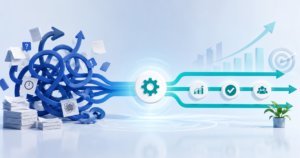 Modern 3D business illustration showing a tangled, chaotic workflow with scattered documents transforming into streamlined process paths with optimization icons, growth indicators, and a target representing improved operational efficiency.