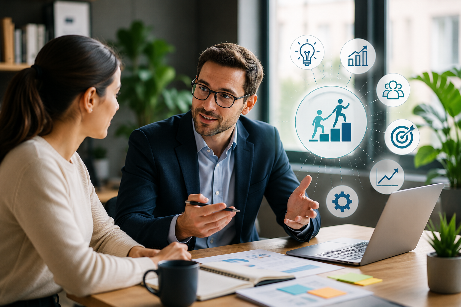 Professional small business consultant meeting with a founder in a modern office, discussing business strategy with a laptop, reports, and growth-related visual elements representing operational improvement and business planning.