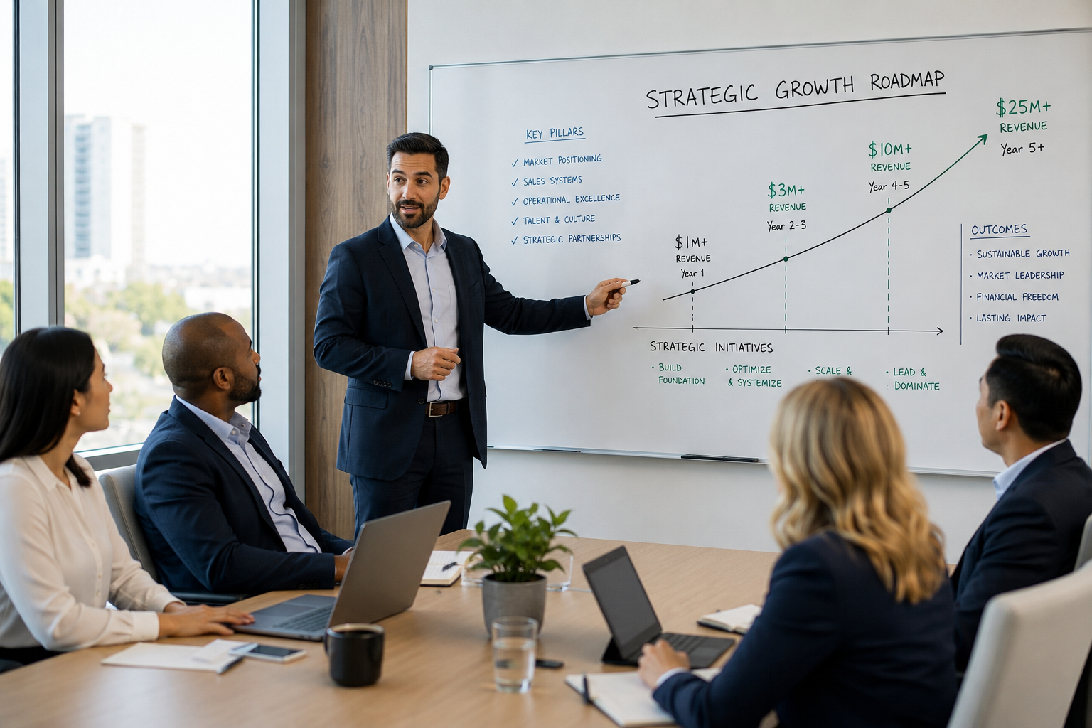 A professional business consultant presents a strategic growth roadmap on a whiteboard to a diverse leadership team in a modern conference room, featuring upward-trending revenue charts and business planning discussions.