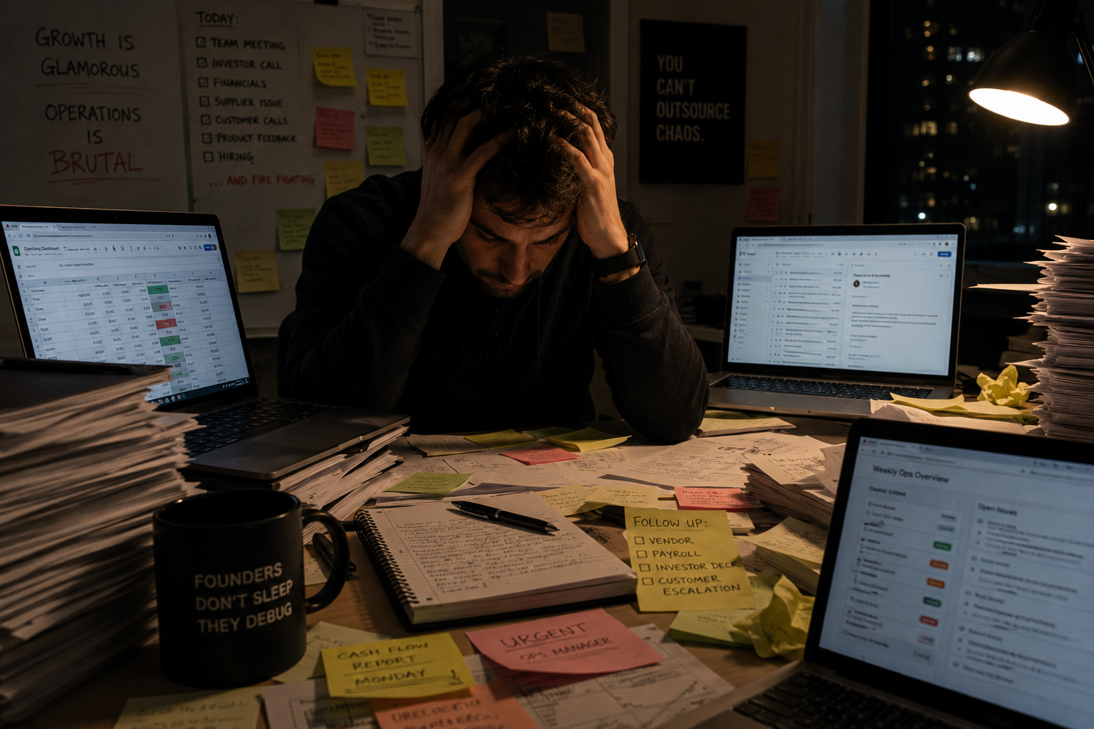 A stressed startup founder sits at a cluttered desk surrounded by stacks of paperwork, sticky notes, and multiple laptops displaying spreadsheets and email inboxes in a dimly lit office, illustrating operational overload and late-night work.