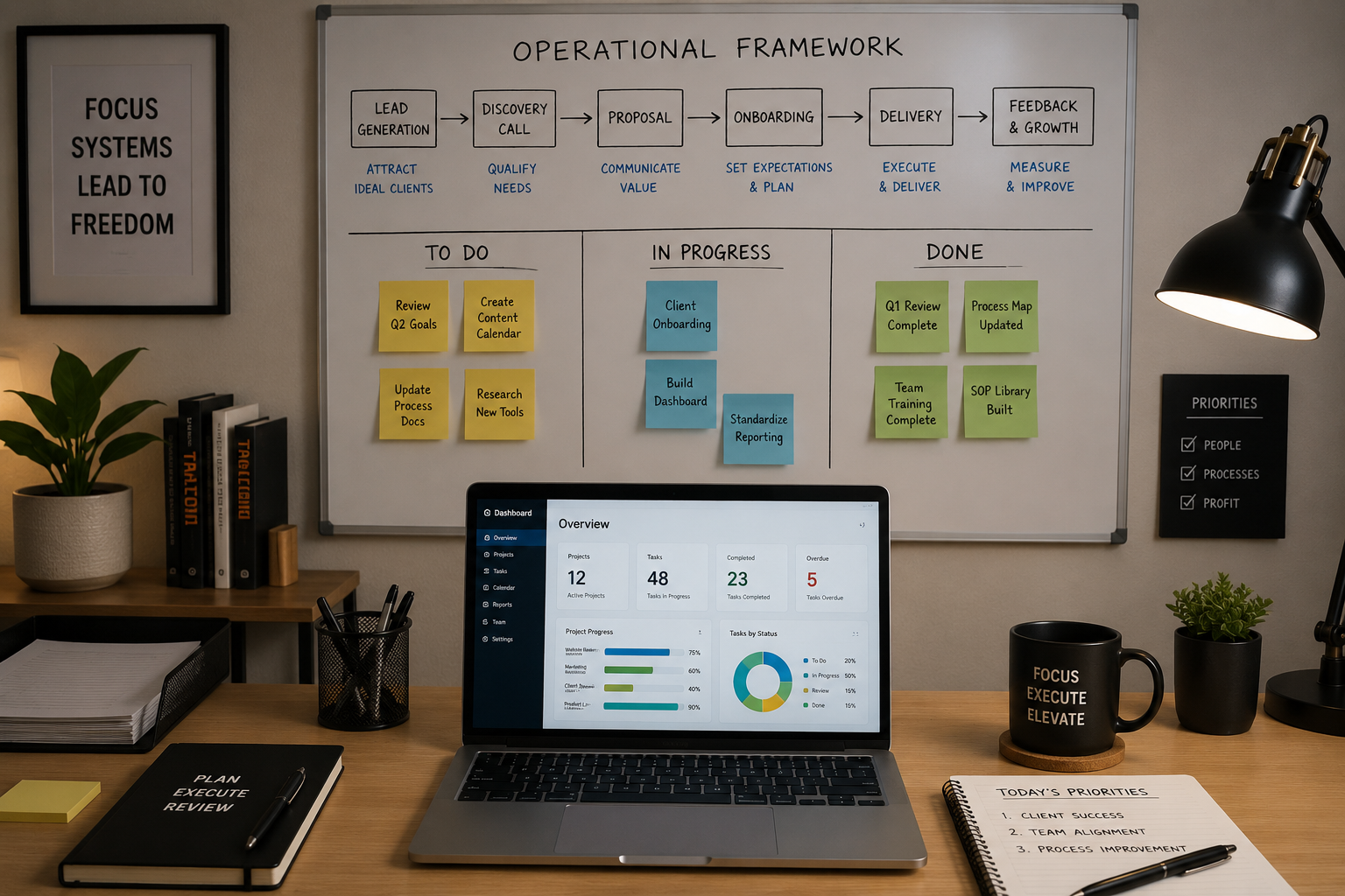 A clean, modern workspace featuring a whiteboard with a process flowchart, a Kanban board organized into "To Do," "In Progress," and "Done" columns, and a laptop displaying a project management dashboard, creating a calm and efficient work environment.