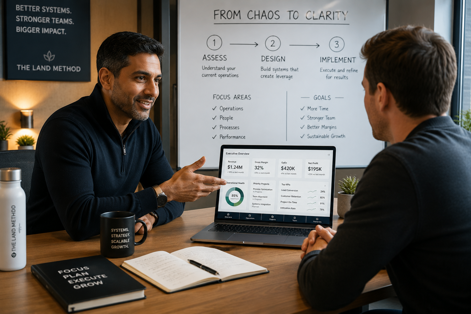 A fractional COO meets with a business founder in a modern conference room, explaining a strategic operations plan using a laptop dashboard and a process map displayed on a whiteboard.